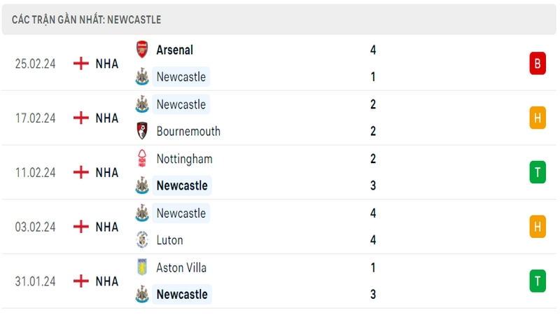 Phong độ thi đấu 5 trận gần đây nhất của câu lạc bộ Newcastle tính trên mọi đấu trường