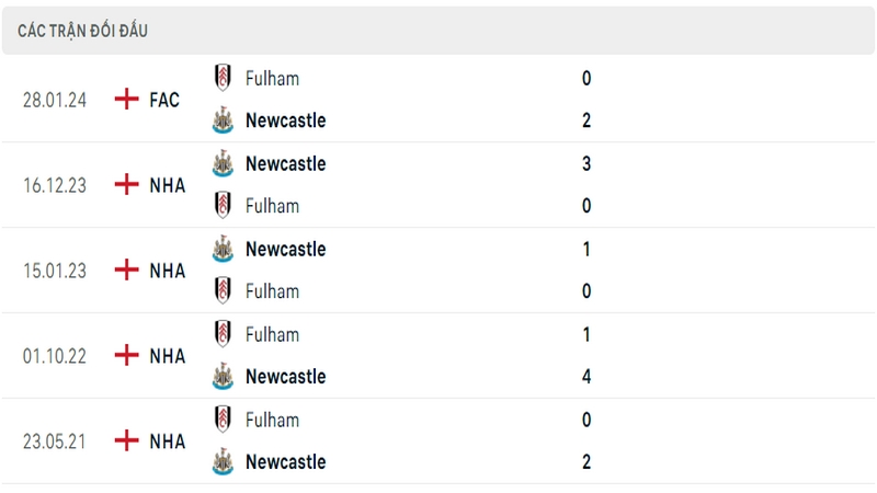 Lịch sử đối đầu giữa 2 câu lạc bộ Fulham vs Newcastle